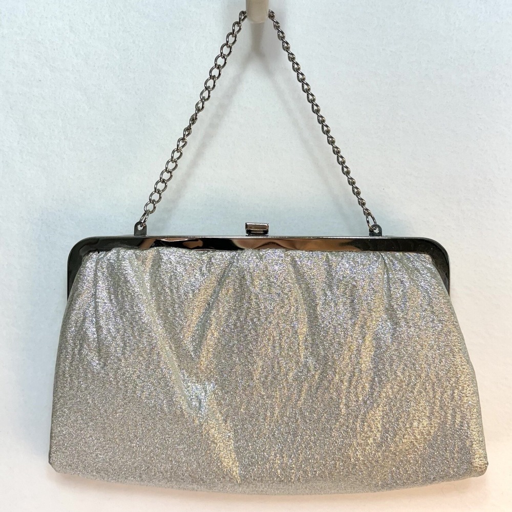 VTG Silver Lame’ Fancy Formal Evening Cocktail Party Purse Clutch Chain Handle‎